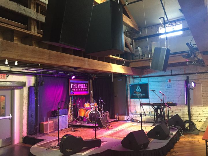 The new stage in the Grand Truss Room at Mad Paddle Brewstillery!